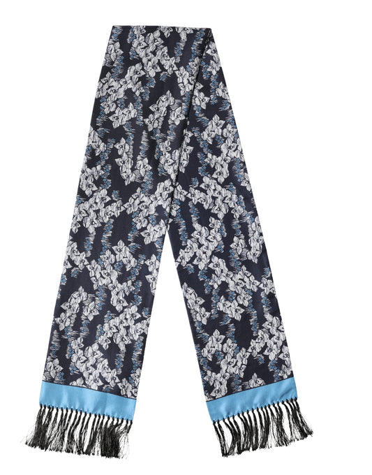 Dolce & Gabbana Black Blue Silk Floral Pattern Fringe 140cm x 16cm Scarf