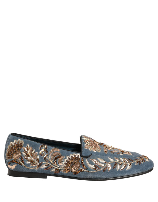 Dolce & Gabbana Blue Velvet Embellished Dress Loafers Shoes