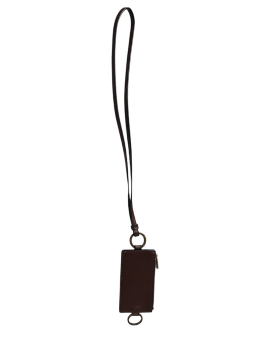 Dolce & Gabbana Brown Calf Leather Lanyard Logo Card Holder Wallet