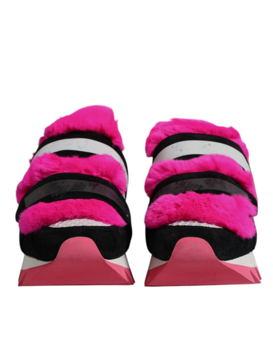 Dolce & Gabbana Black Pink Fur Embellished Sneakers Shoes