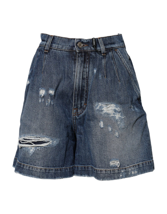Dolce & Gabbana Blue Cotton Tattered Denim Bermuda Shorts