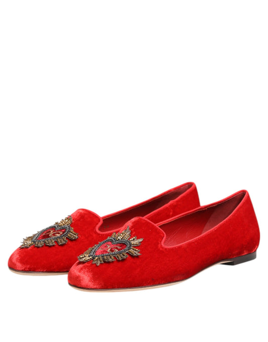 Dolce & Gabbana Red Velvet DG Heart Loafers Flat Shoes