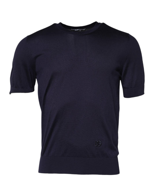 Dolce & Gabbana Dark Blue Silk Crew Neck Short Sleeves T-shirt
