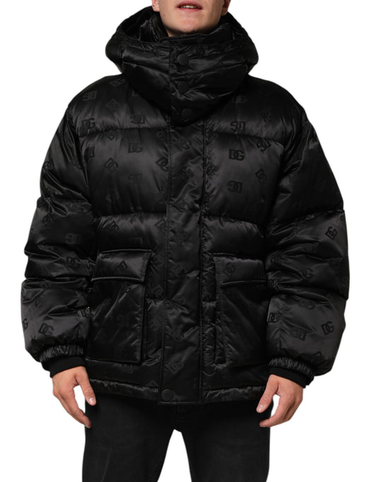 Dolce & Gabbana Black Monogram Logo Puffer Nylon Hooded Jacket
