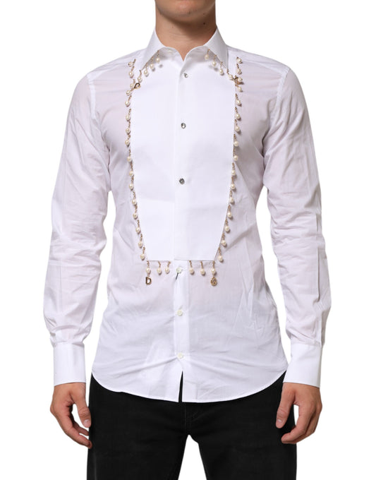 Dolce & Gabbana White Cotton DG Logo Pearl Chain Formal Shirt