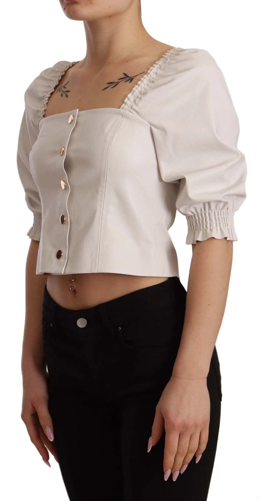 PINKO White Square Neck Button Down Crop Blouse