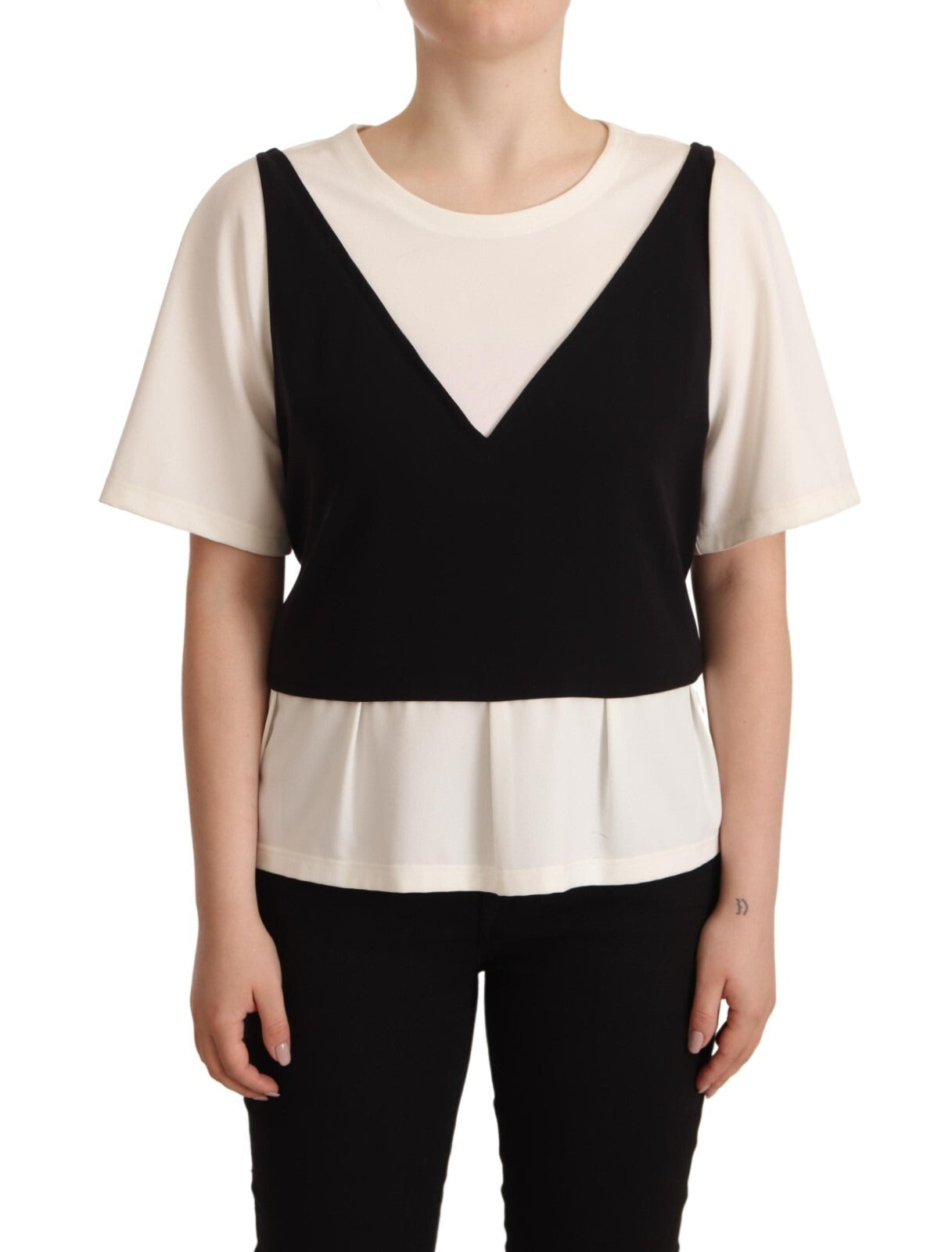 Boutique Moschino Black White Polyester Short Sleeves Top Blouse