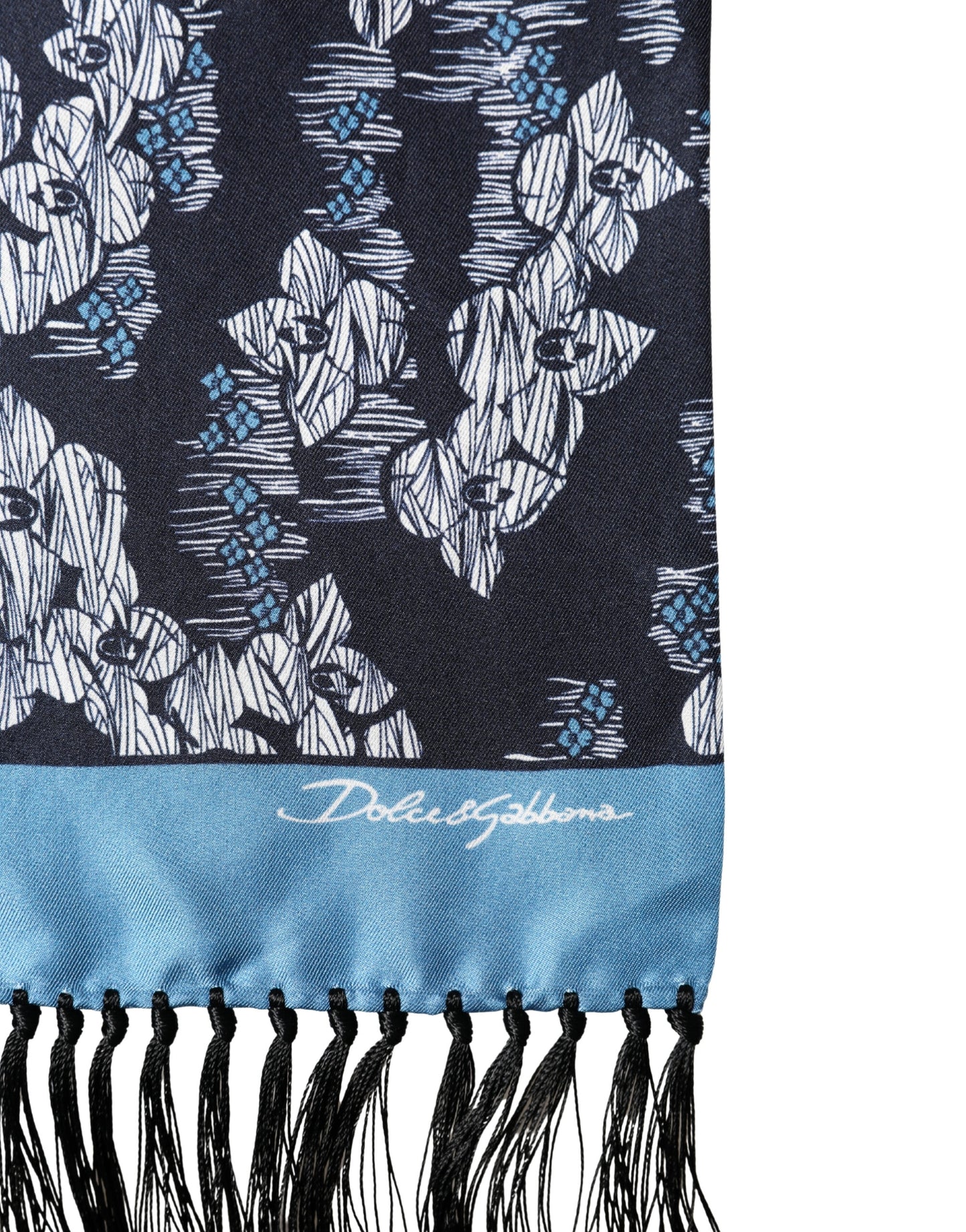 Dolce & Gabbana Black Blue Silk Floral Pattern Fringe 140cm x 16cm  Scarf