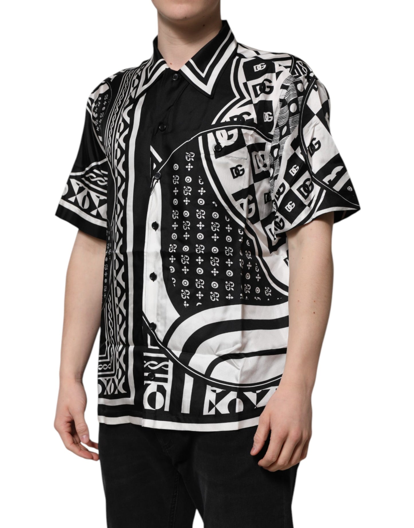 Dolce & Gabbana Black Silk Logo Print Short Sleeves Shirt