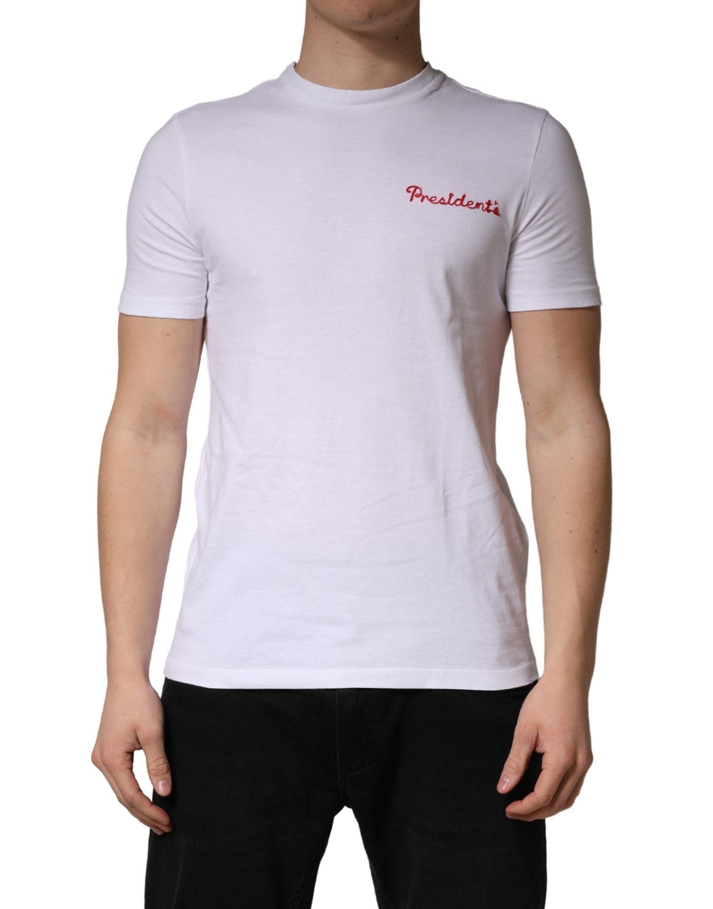 President's White Logo Embroidery Cotton Men Crew Neck T-shirt