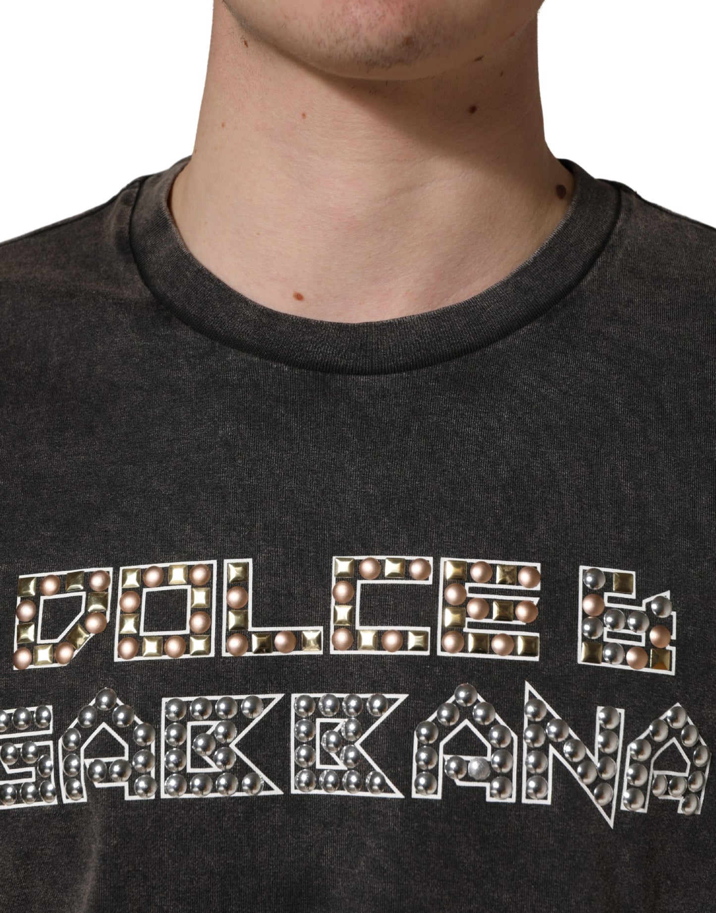 Dolce & Gabbana Gray Logo Embellished Men Crew Neck T-shirt