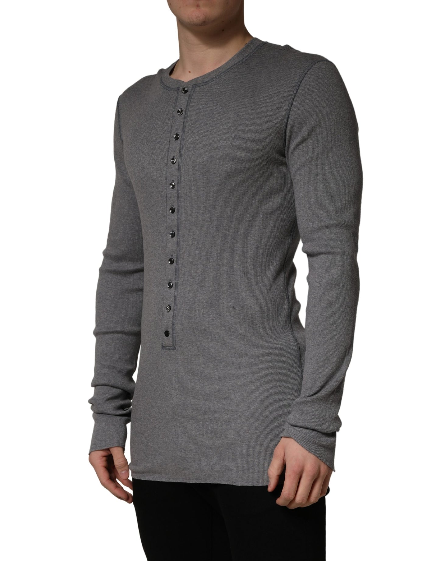 Dolce & Gabbana Gray Ribbed Cotton Long-Sleeve Henley  T-shirt