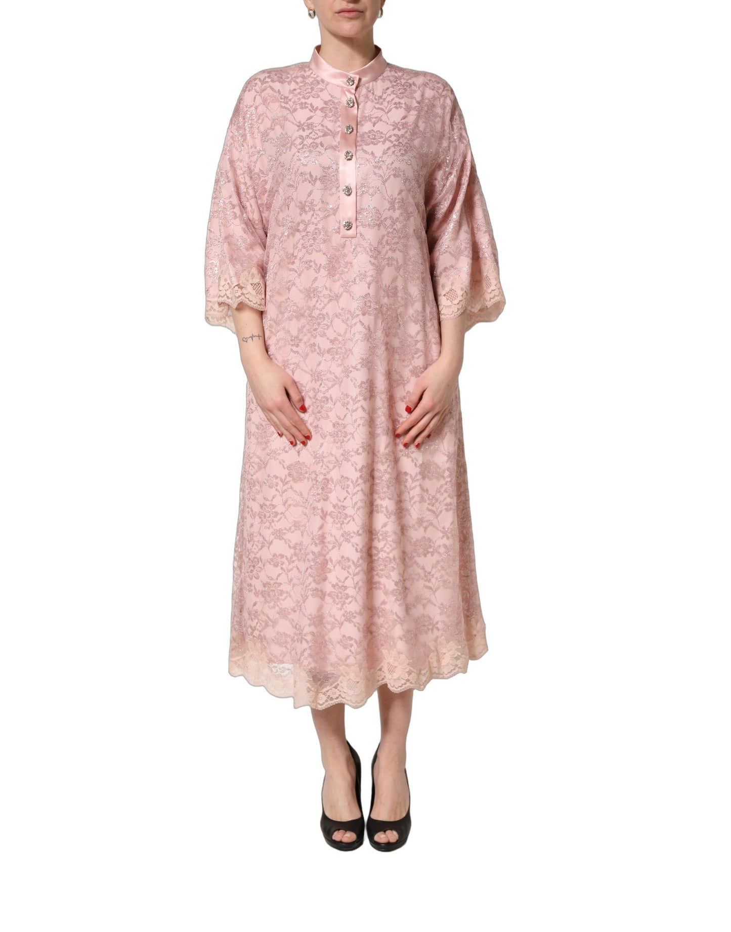 Dolce & Gabbana Pink Corded Floral Lace Kaftan Midi Dress