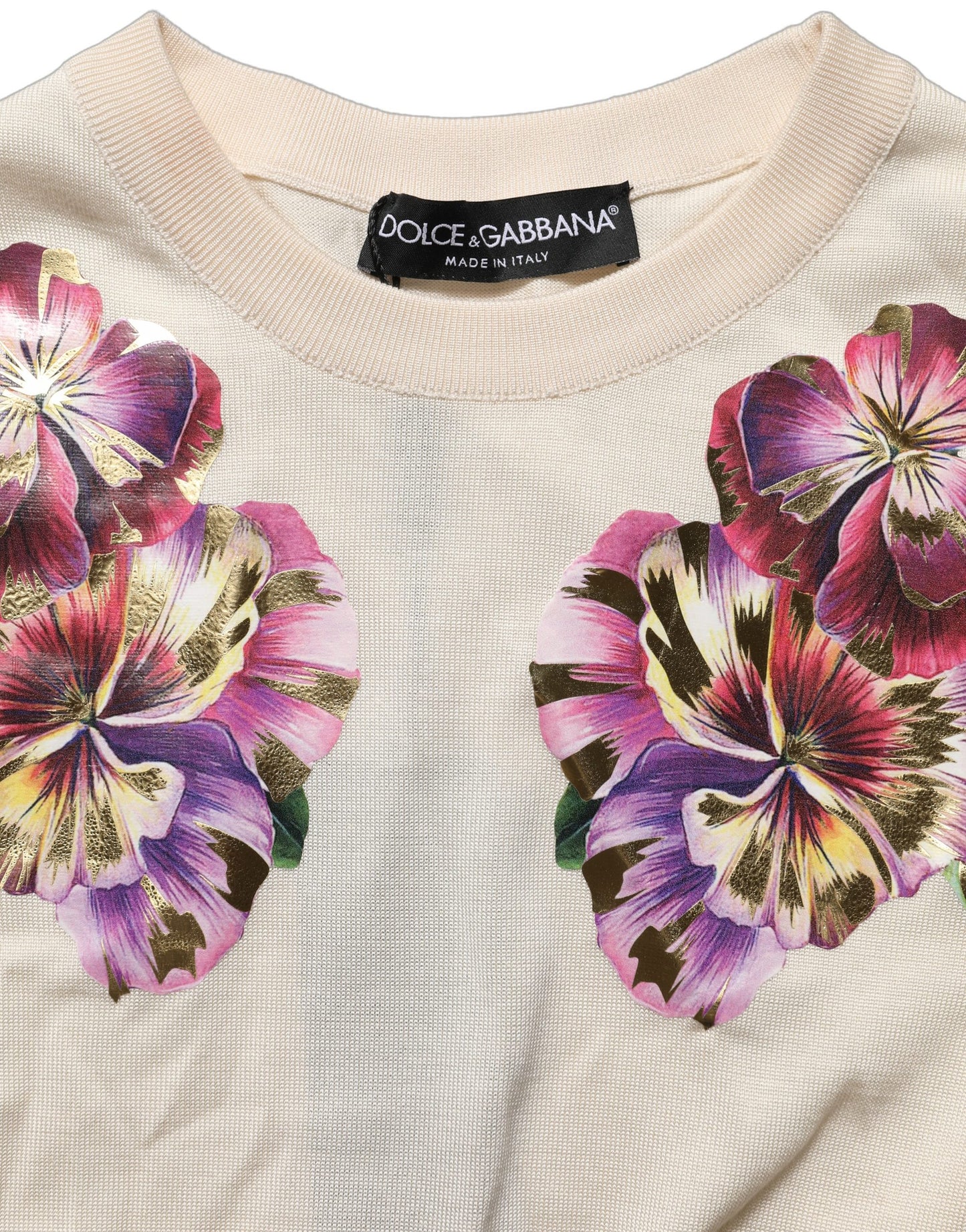 Dolce & Gabbana Beige Floral Print Silk CrewNeck Pullover Top