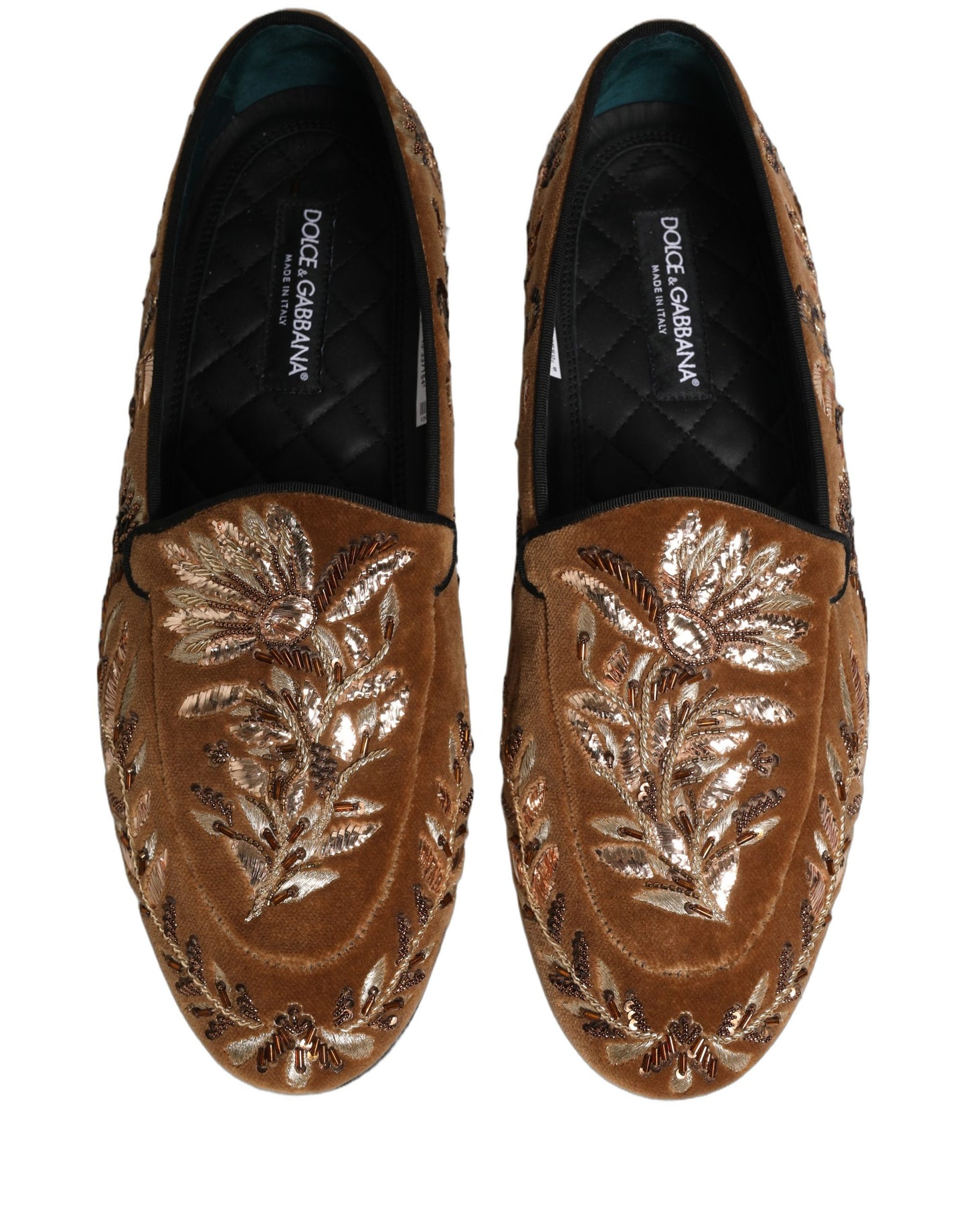 Dolce & Gabbana Brown Velvet Floral Embroidery Loafers Shoes