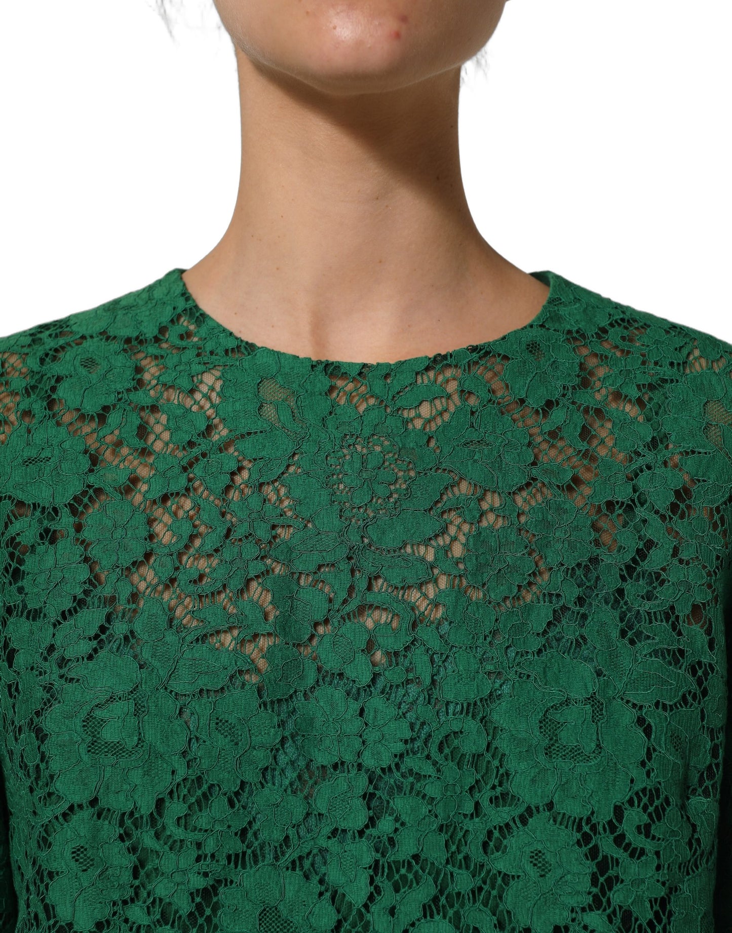 Dolce & Gabbana Green Floral Lace Round Neck Blouse Top