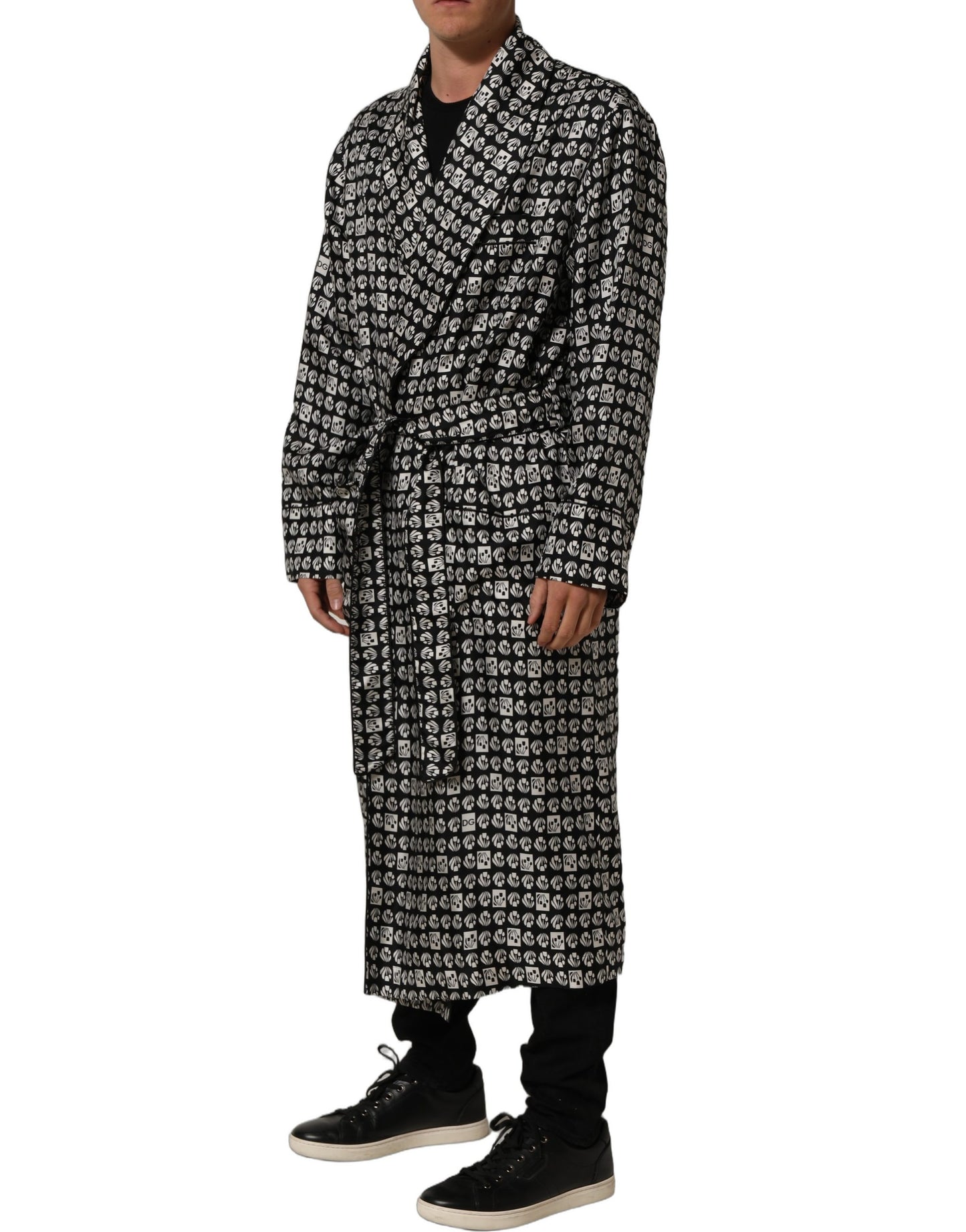 Dolce & Gabbana Black White Silk Men Wrap Robe Coat Jacket