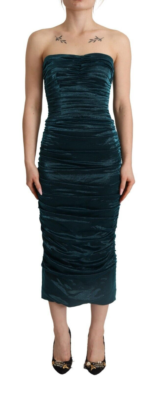 Dolce & Gabbana Turquoise Bustier Bodice Draped Midi Dress.