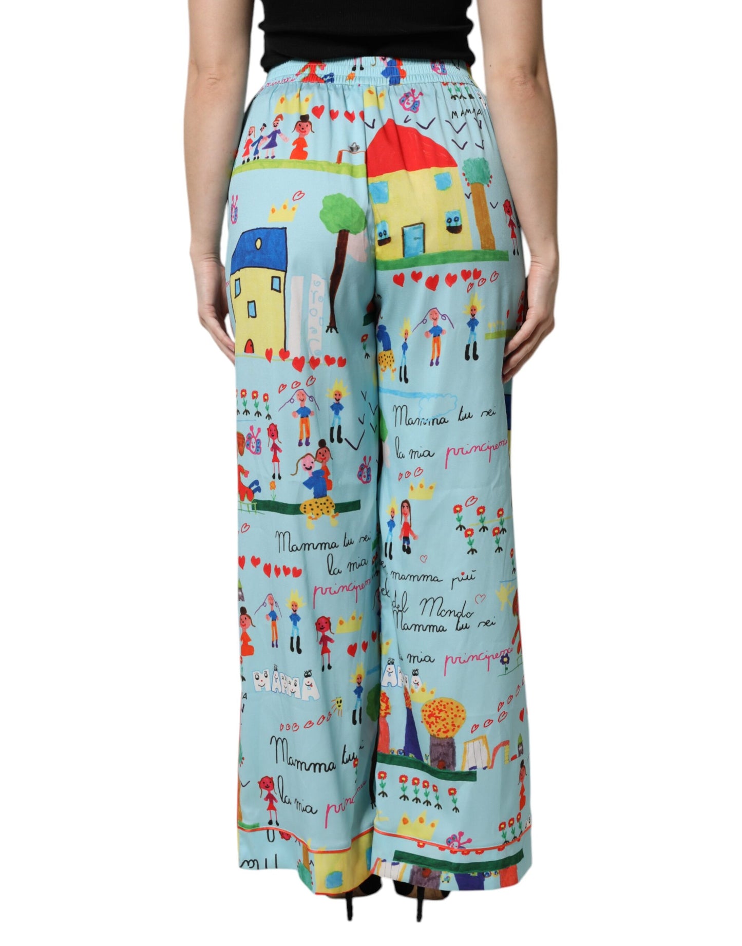 Dolce & Gabbana Light Blue Drawing Mid Waist Wide Leg Pants