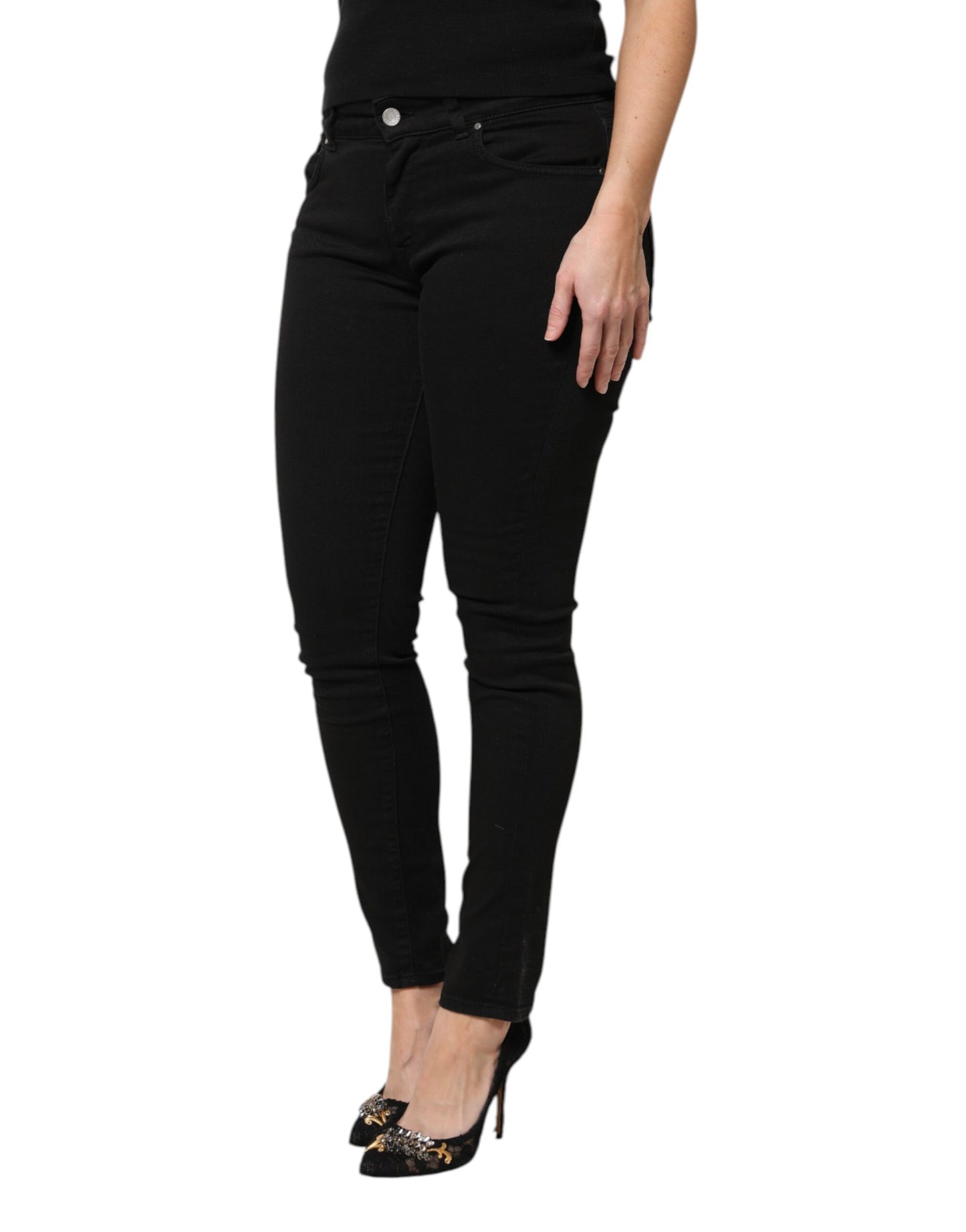 Dolce & Gabbana Black Cotton Logo Mid Waist Skinny Denim Jeans