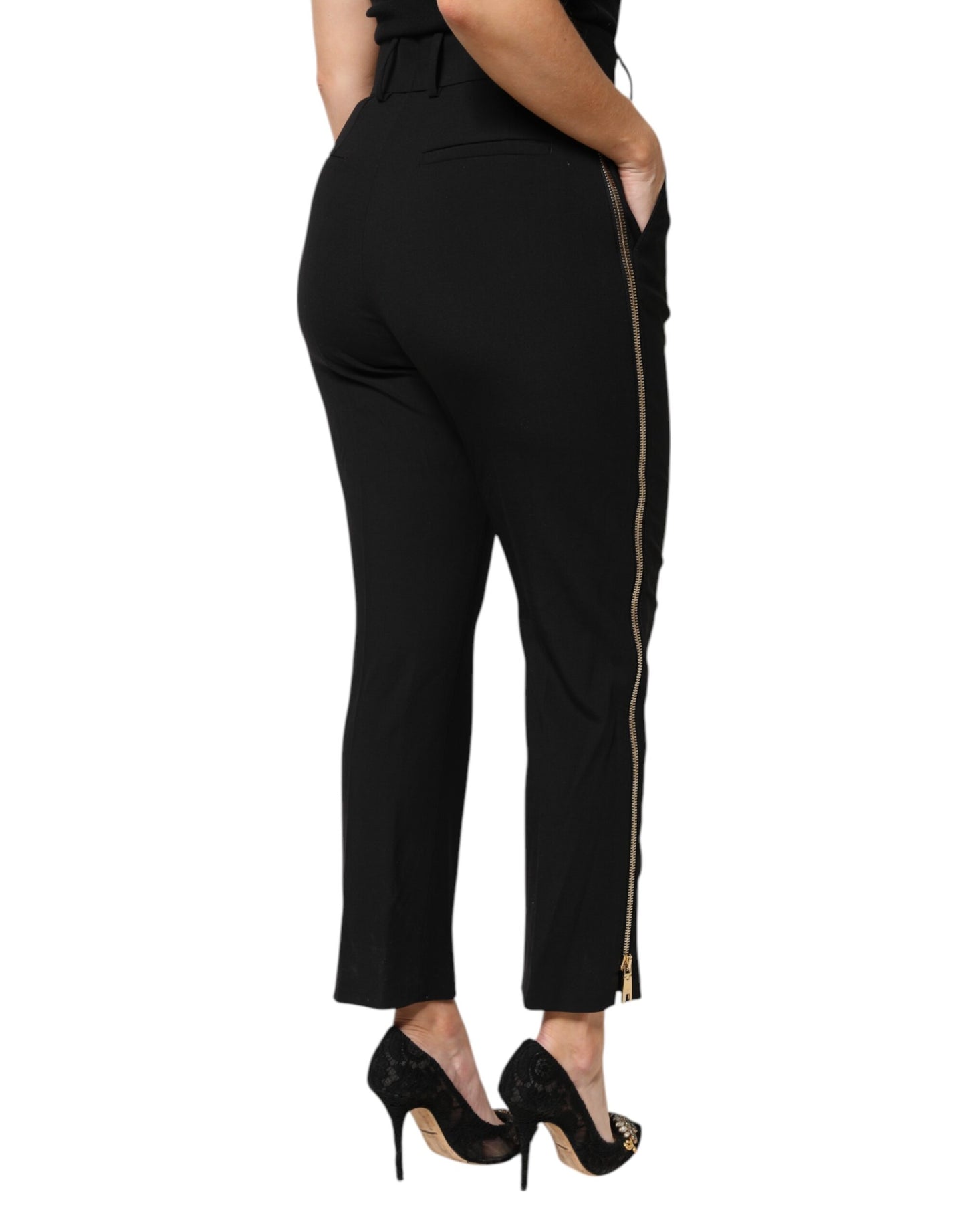 Dolce & Gabbana Black Wool High Waist Zipper Tapered Pants