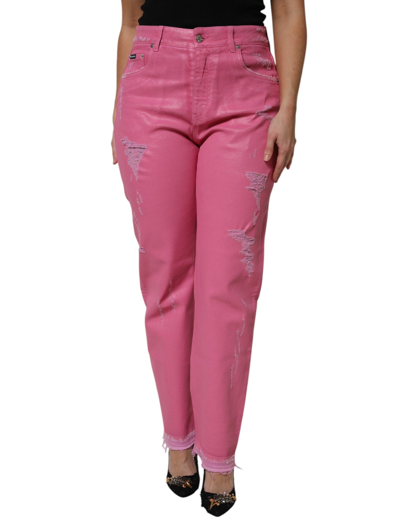 Dolce & Gabbana Pink Tattered Mid Waist Tapered Denim Jeans