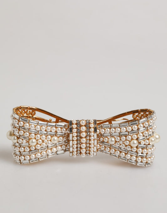 Dolce & Gabbana Gold Tone Brass Bow Crystal FauxPearl Embellished Brooch