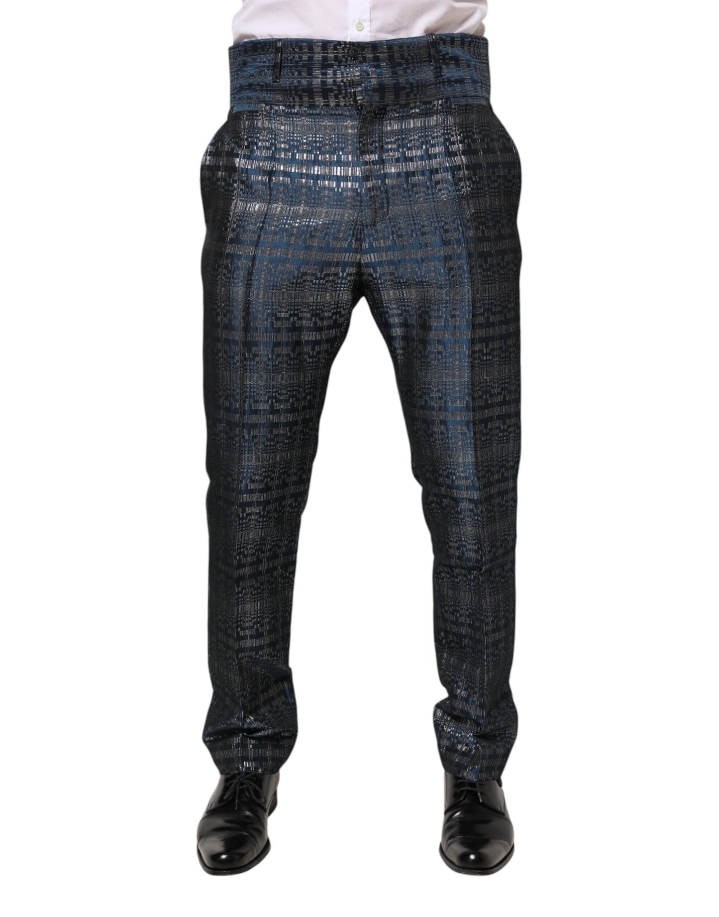 Dolce & Gabbana Blue Silver Shiny Silk Skinny Men Trouser Pants