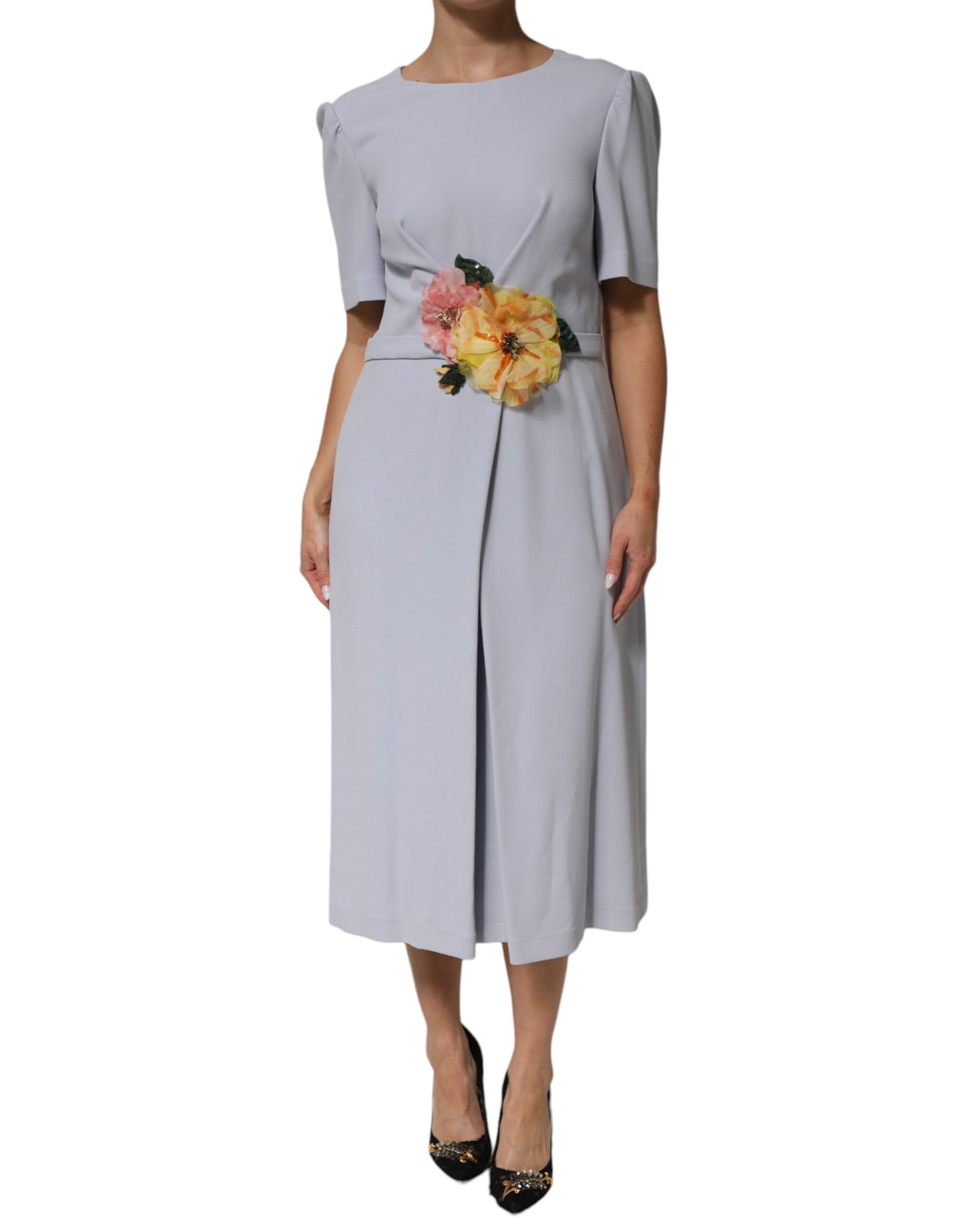 Dolce & Gabbana Light Blue Viscose Blend Floral Applique Dress