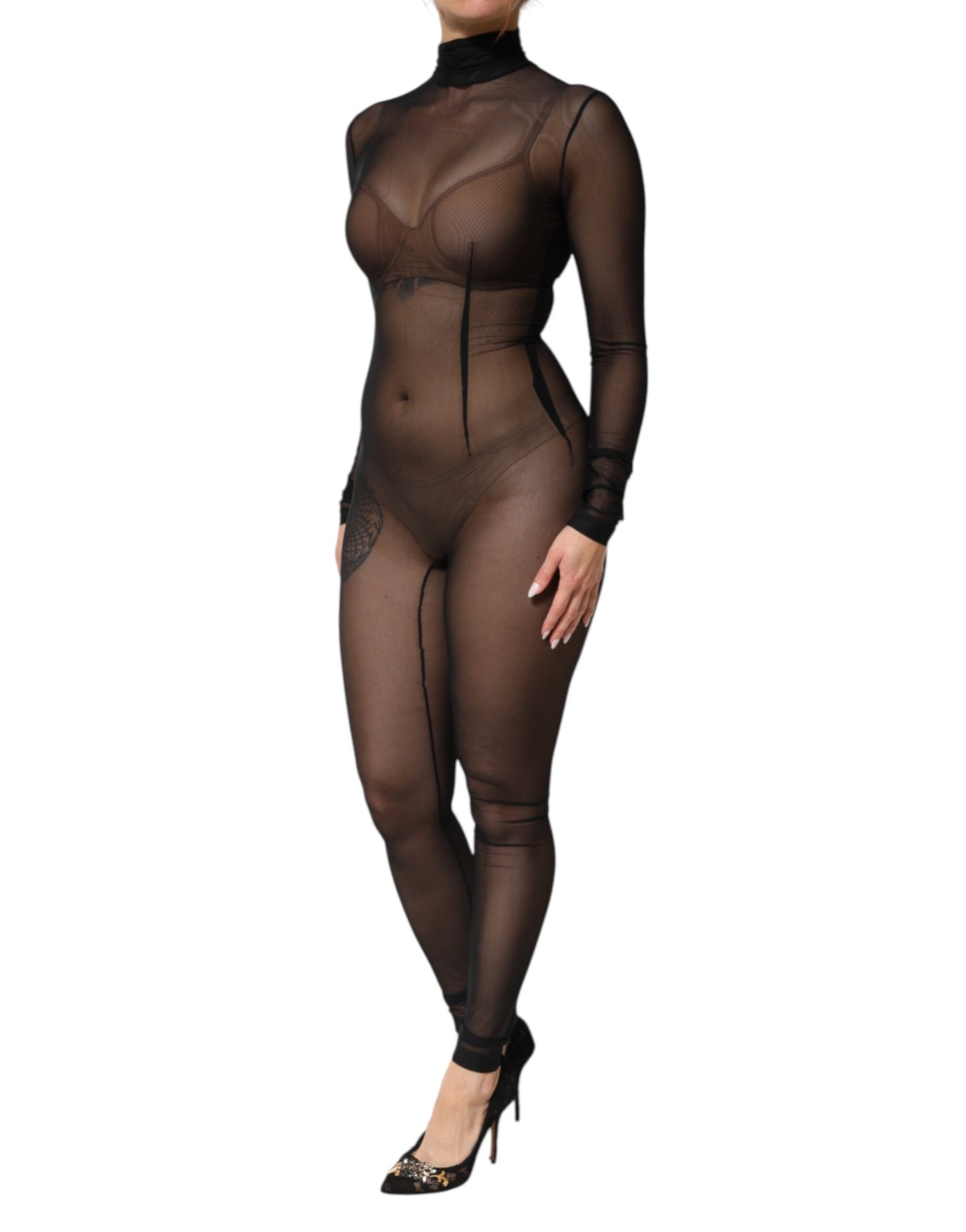 Dolce & Gabbana Black Sheer Mesh Long Sleeve Jumpsuit Bodysuit Dress