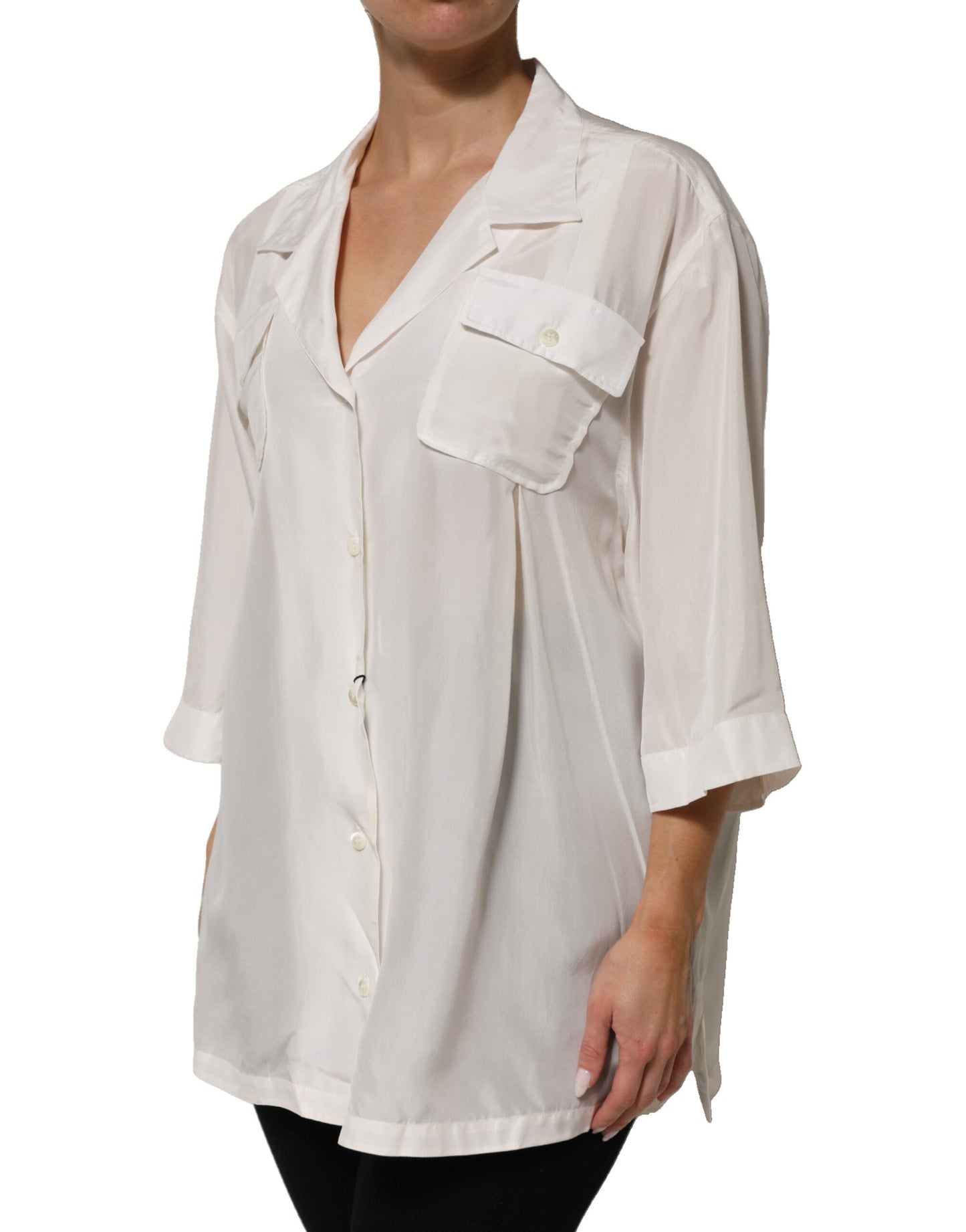 Dolce & Gabbana White Silk Collared 3/4 Sleeves Blouse Top