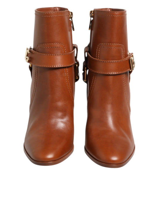 Dolce & Gabbana Brown Leather DG Logo Buckle Ankle Boots Shoes
