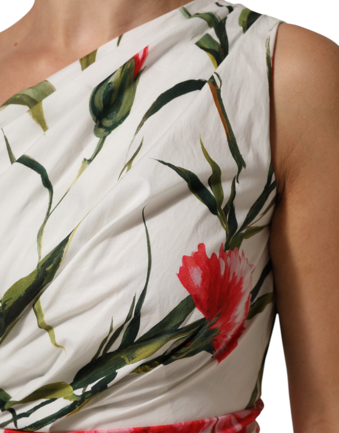 Dolce & Gabbana White Floral One Shoulder Sheath Dress