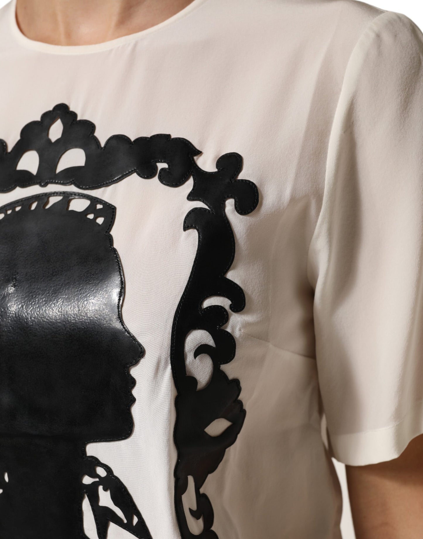 Dolce & Gabbana Cream Silk Silhouette Detail Short Sleeve Top