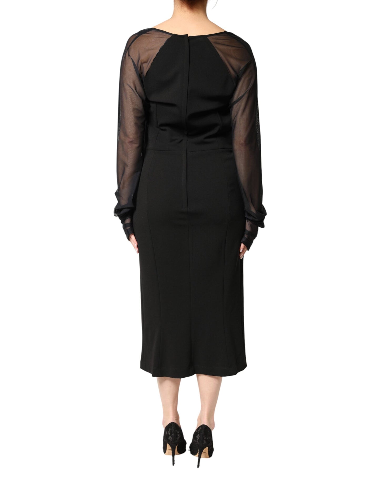 Dolce & Gabbana Black Sheer Yoke Rosette Sheath Midi Dress