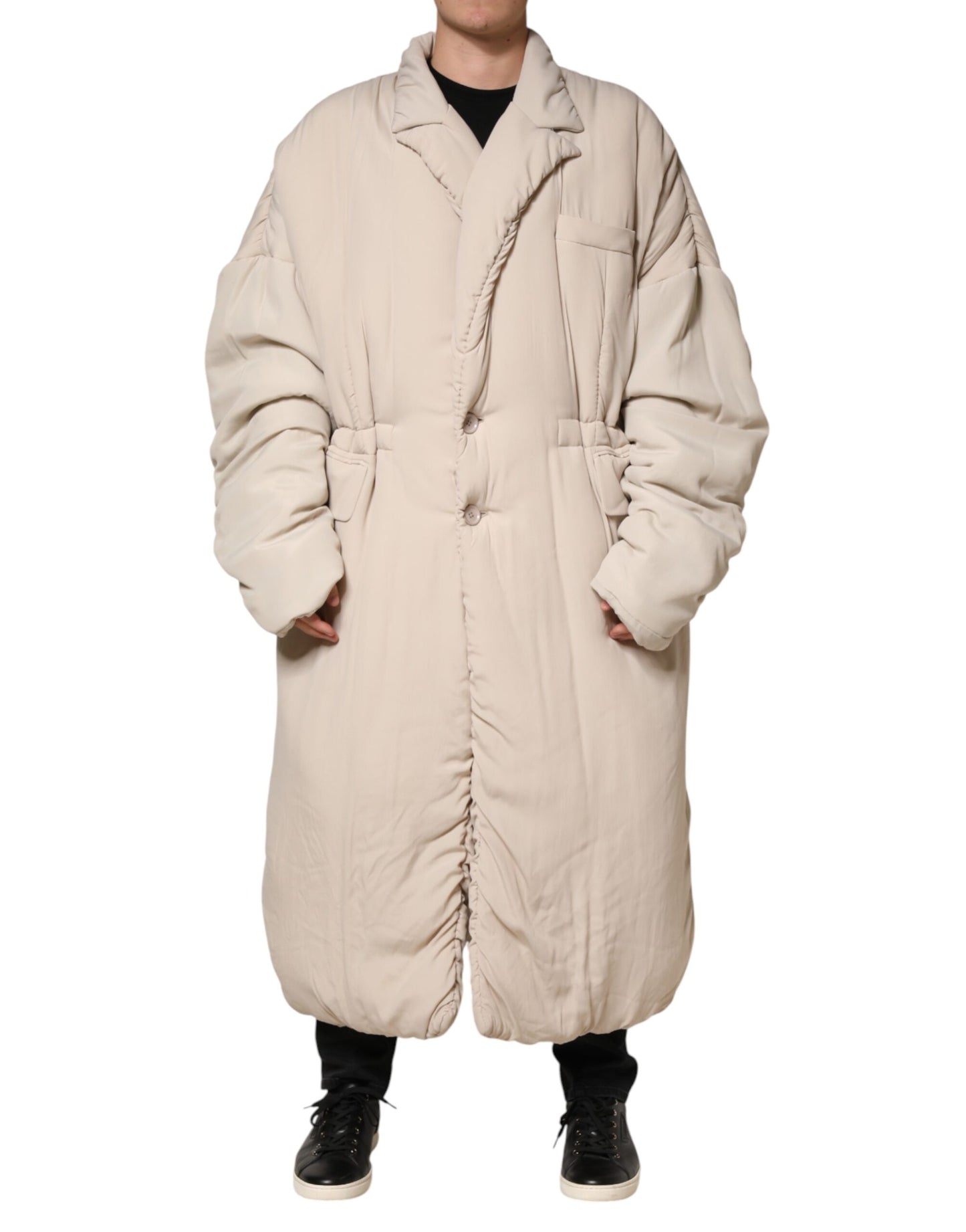 Dolce & Gabbana Beige Padded Collared Long Trench Coat Jacket