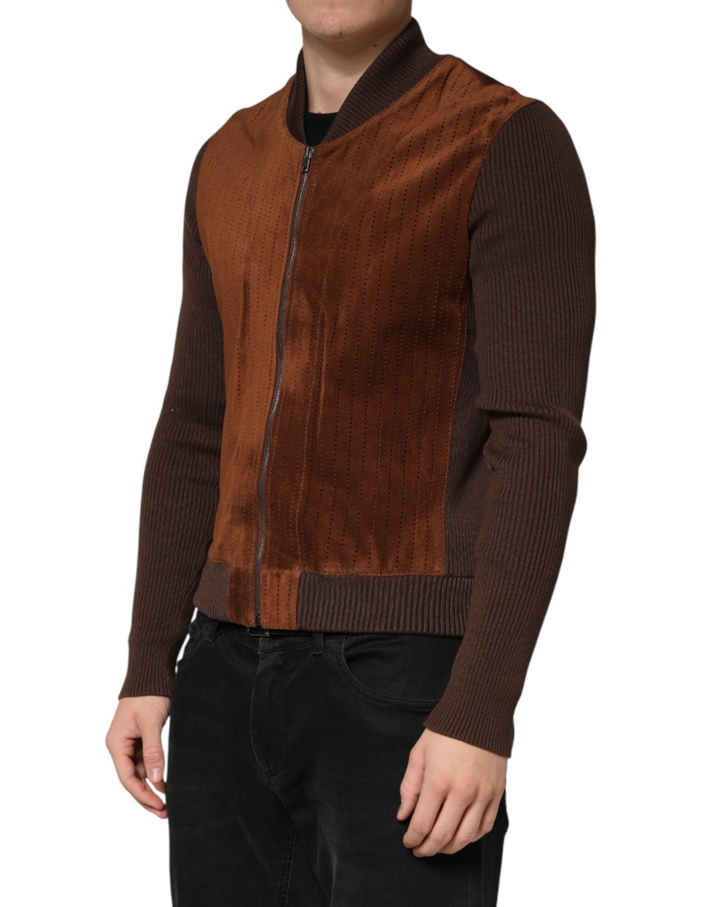 Dolce & Gabbana Brown Velvet Calfskin Full Zip Biker Jacket