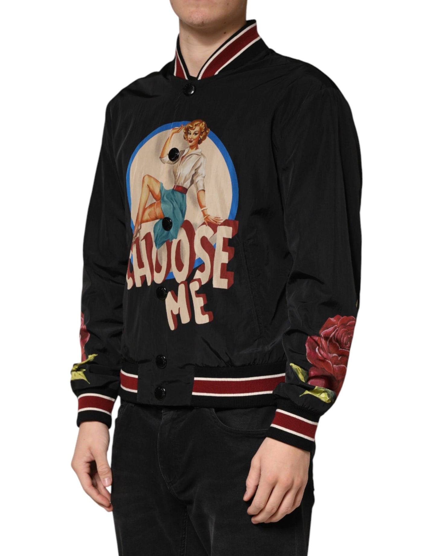 Dolce & Gabbana Black Pin Up Button Down Men Bomber Jacket